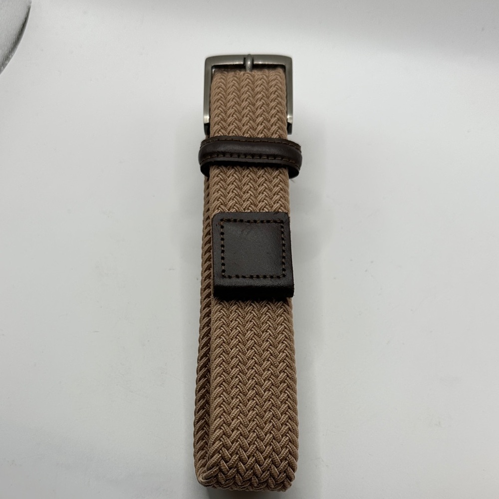 Woven Elastic Belt with Brown Leather Trim size 32